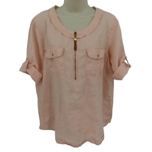 Ellen Tracy Women Large Pink Orange Peach All Linen Roll Tab Shirt Blouse Top - Picture 1 of 11